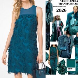 Michael Kors Peacock fringed and sheer deep teal  Halter Sheath Dress Medium